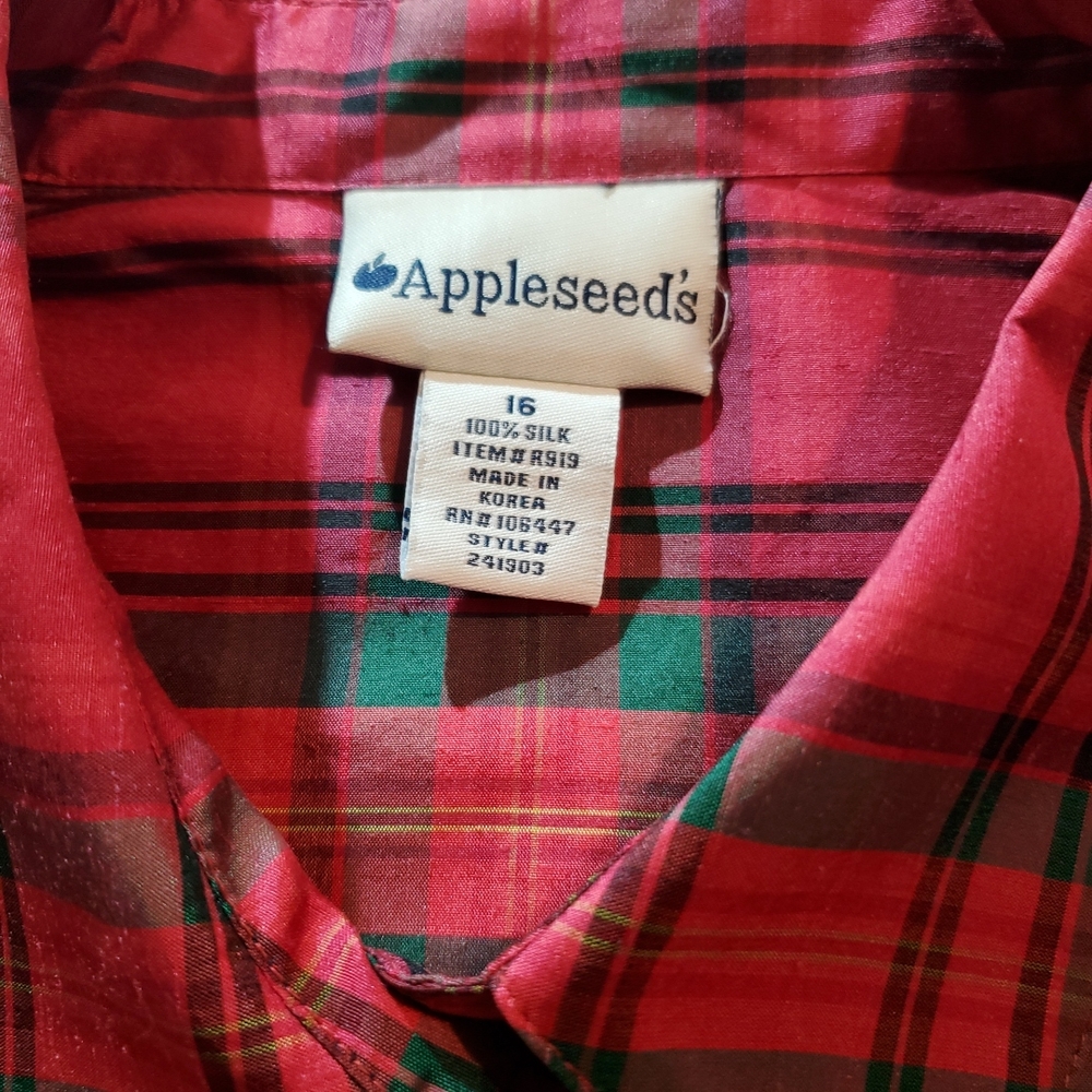 Appleseeds 100% Silk Size 16 Womens Button Up Red and Green Plaid Shirt - Picture 4 of 16